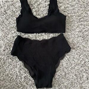 Zaful Black Ribbed Bikini Set Scalloped Trim High Waisted Lace Up Back Size M
